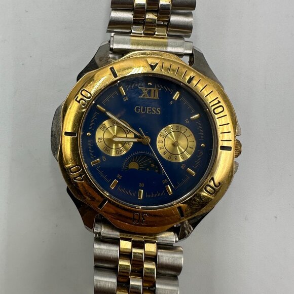 Vintage Guess Moon Phase Watch Men Silver Gold Two-Tone Blue Dial New Battery - Picture 3 of 12